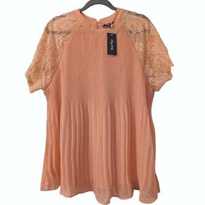 City Chic peach flowy top NEW Plus 18 M lace sleeve pleated shirt blouse NWT
